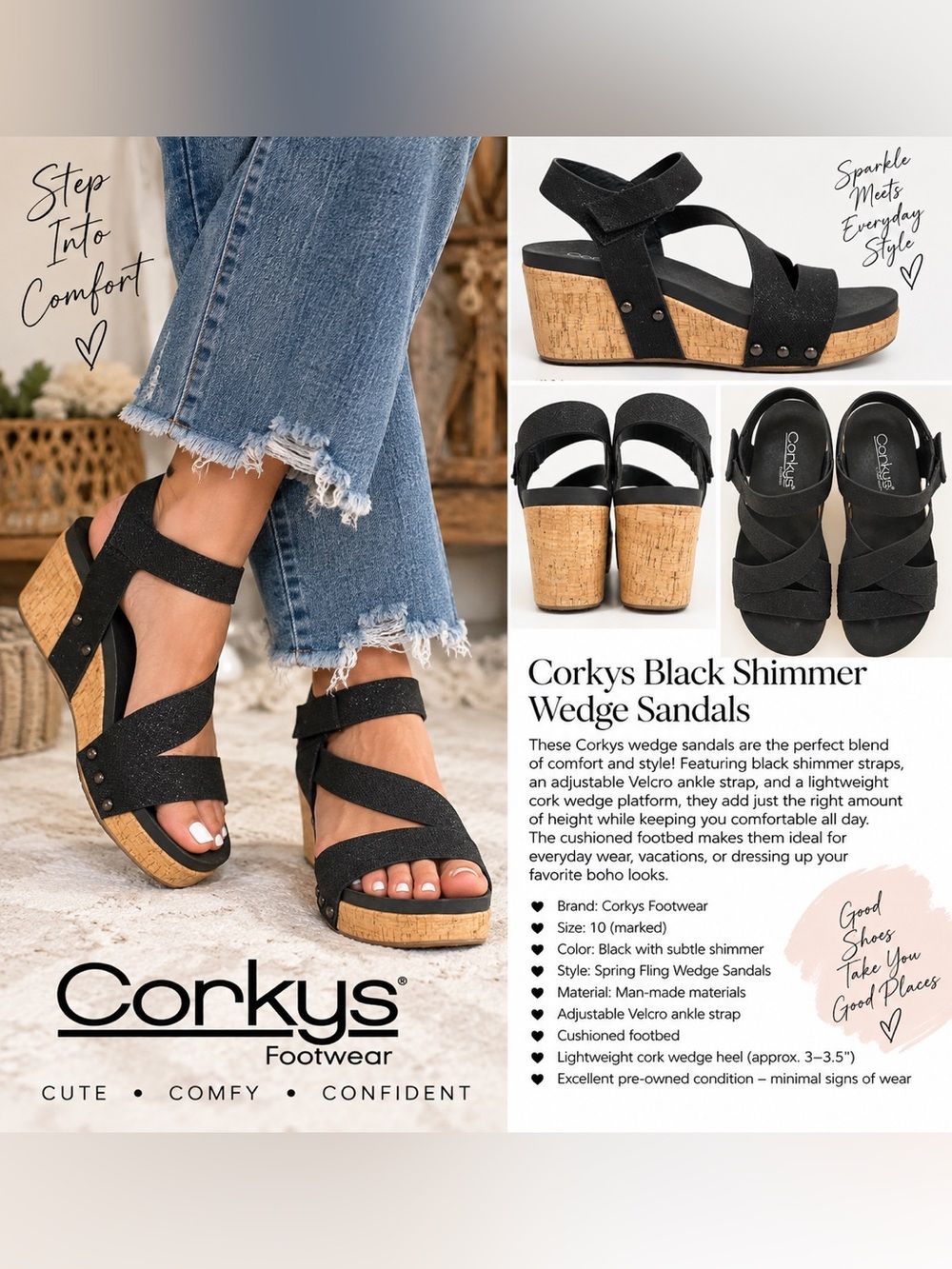 Corkys Black Shimmer Cork Wedge Sandals with Adjustable Ankle Strap size 10